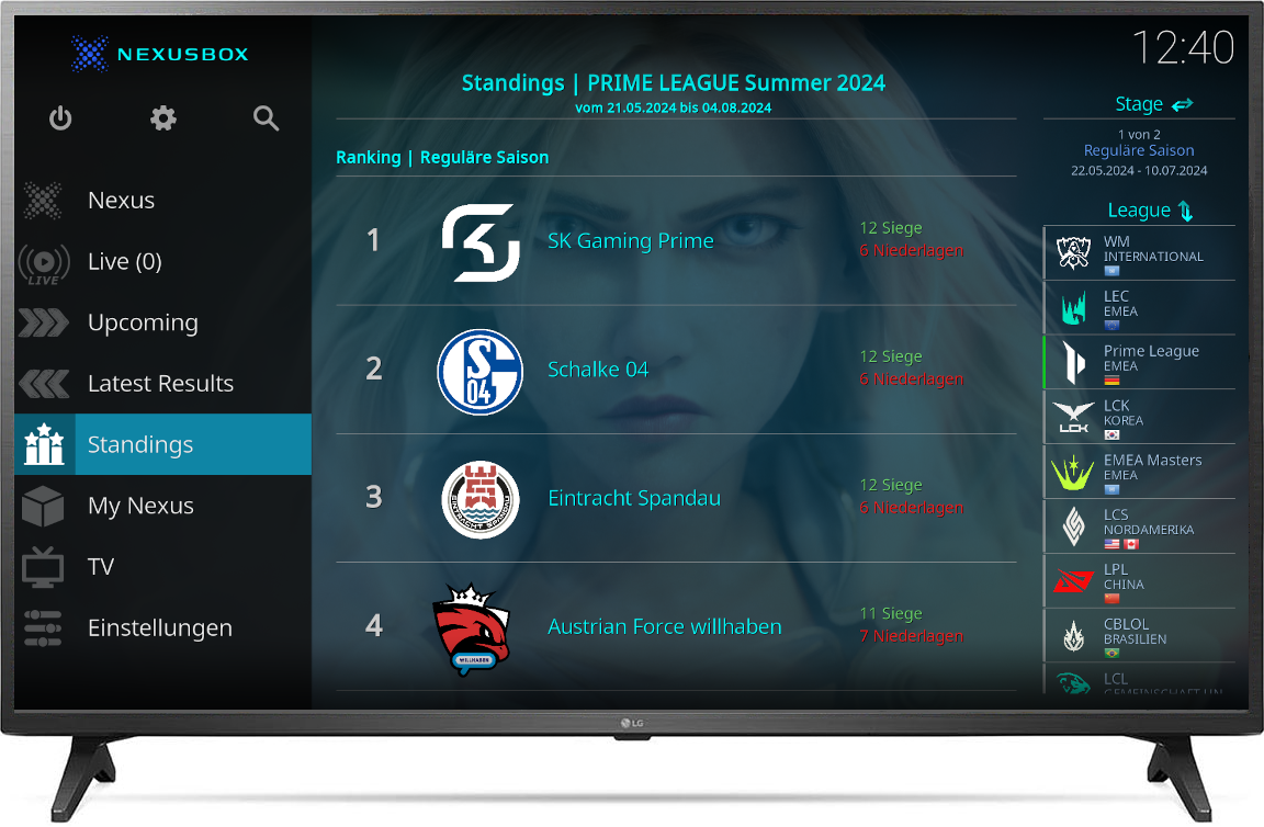Nexusbox Menu GUI Screenshot Standings of League of Legends Tournaments