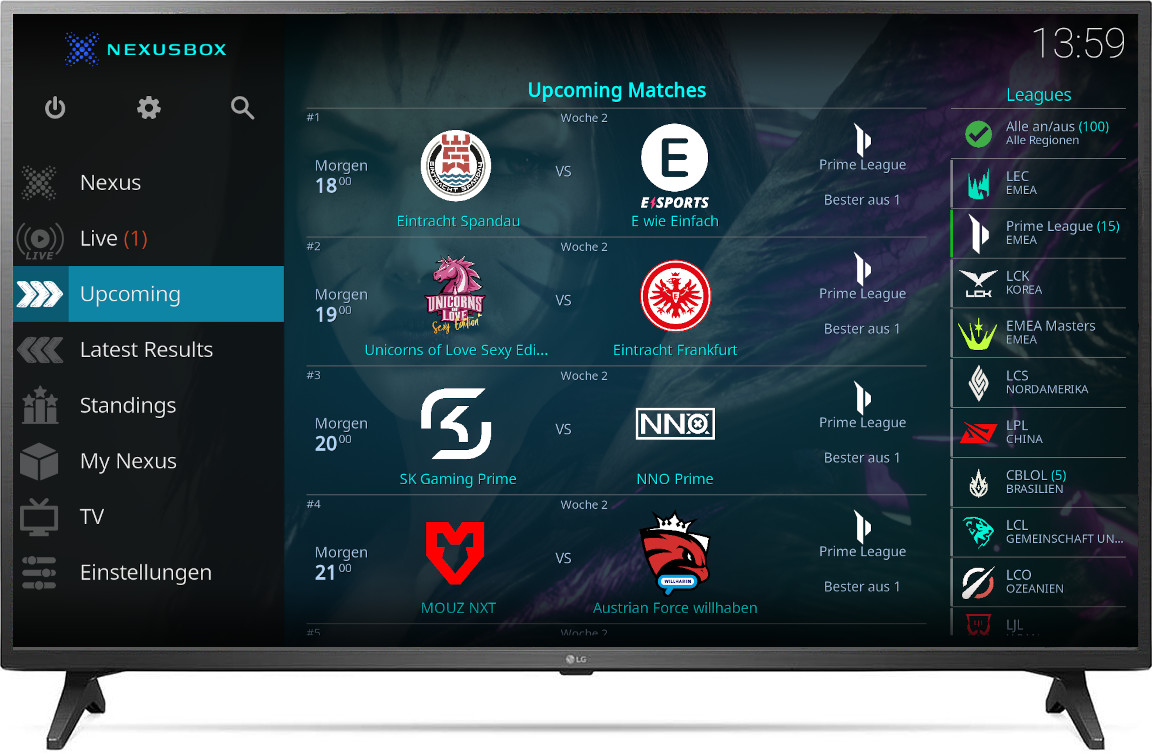 Nexusbox GUI Screenshot of Upcoming League of Legends Matches